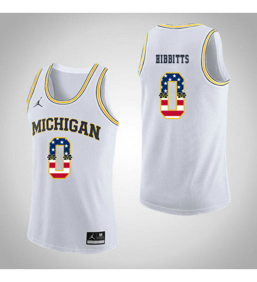 Michigan Wolverines 0 Brent Hibbitts Jordan USA Flag College Basketball Jersey White retro stitched fan jersey RTJ9574