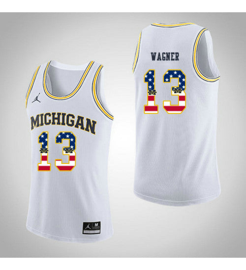 Michigan Wolverines 13 Moritz Wagner Jordan USA Flag College Basketball Jersey White retro stitched fan jersey RTJ3701