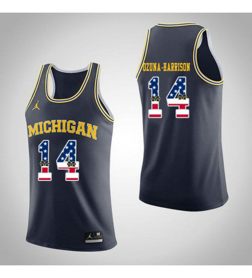 Michigan Wolverines 14 Rico Ozuna Harrison Jordan USA Flag College Basketball Jersey Navy retro stitched fan jersey