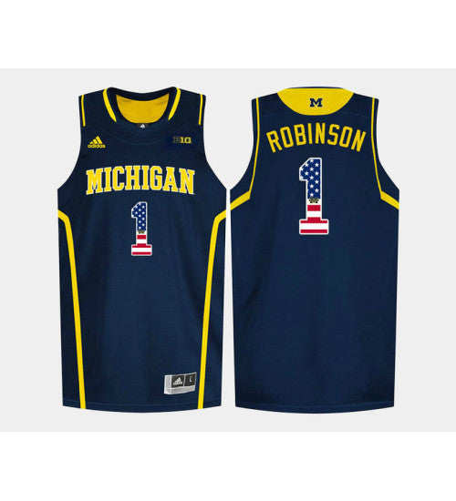 Michigan Wolverines 1 Glenn Robinson Iii Navy Road USA Flag College Basketball Jersey retro stitched fan jersey