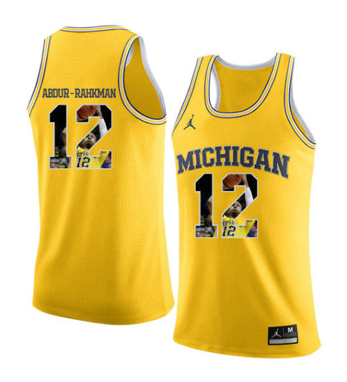 Michigan Wolverines 12 Muhammad Ali Abdur Rahkman College Basketball Jersey Yellow retro stitched fan jersey RTJ9530
