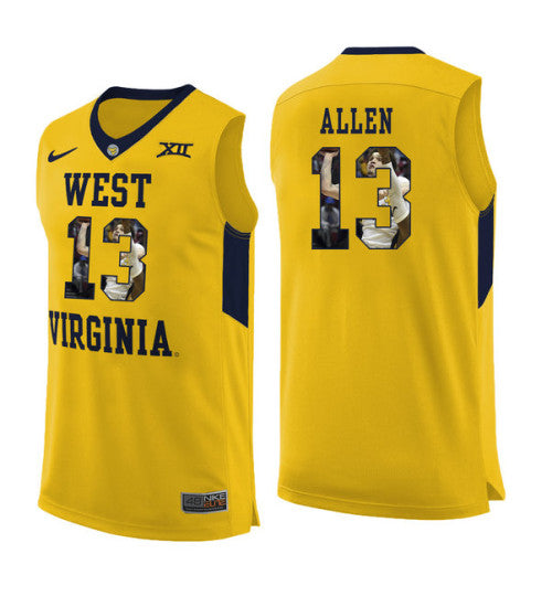 West Virginia Mountaineers 13 Teddy Allen College Basketball Jersey Yellow 5674 retro stitched fan jersey RTJ6975