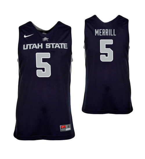 Utah State Aggies Sam Merrill College Basketball Jersey Navy Blue retro stitched fan jersey RTJ7368 image 1