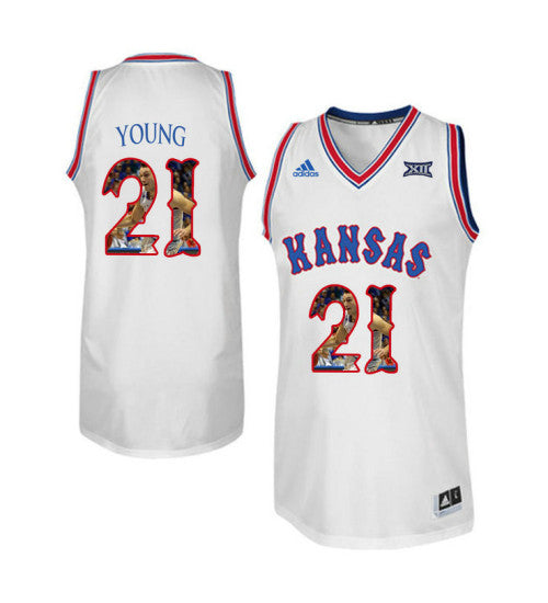 Kansas Jayhawks 21 Clay Young College Basketball Jersey White retro stitched fan jersey RTJ10629 image 1