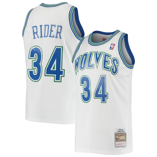 M&N Isaiah Rider White Minnesota Timberwolves 1995 96 Hardwood Classics Swingman Jersey retro stitched fan jersey