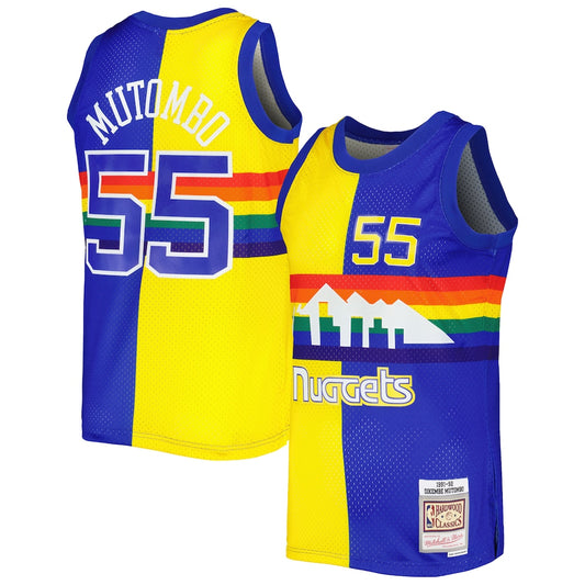 M&N Dikembe Mutombo Royalgold Denver Nuggets Hardwood Classics 1991 92 Split Swingman Jersey retro stitched fan jersey