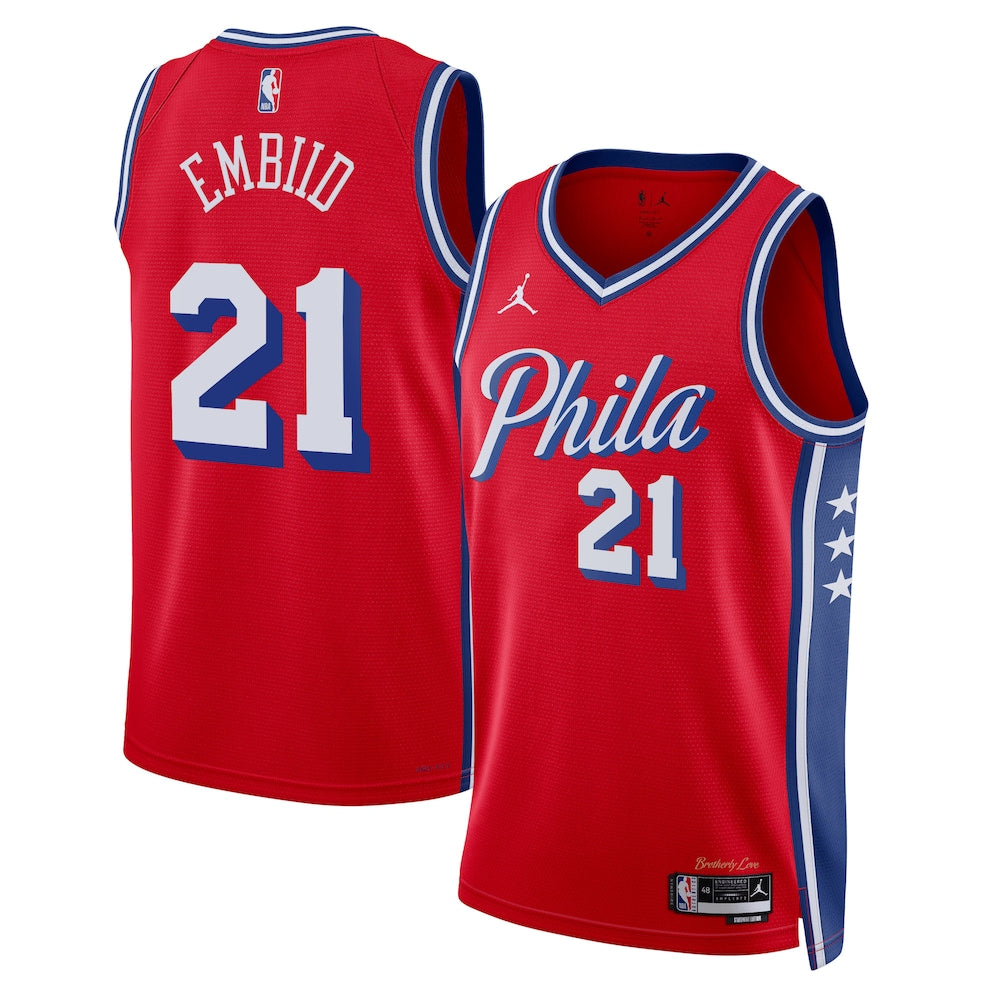 Philadelphia 76ers Jordan Statement Edition Swingman Jersey Red Joel Embiid retro stitched fan jersey RTJ12738 image 1