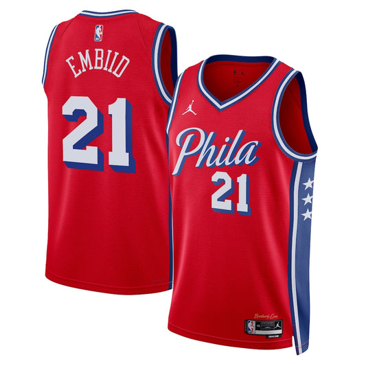 Philadelphia 76ers Jordan Statement Edition Swingman Jersey Red Joel Embiid retro stitched fan jersey RTJ12738 image 1
