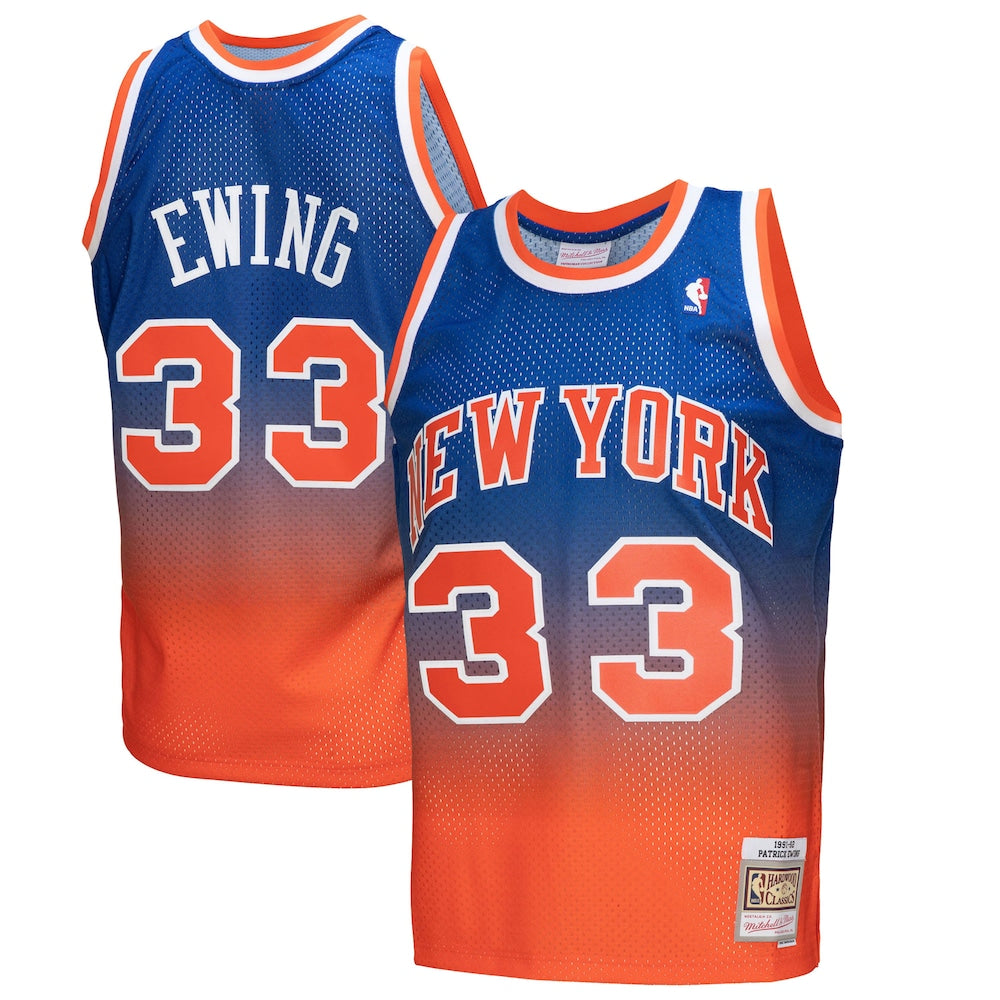 M&N Patrick Ewing Orangeroyal New York Knicks 1991 92 Hardwood Classics Fadeaway Swingman Player Jersey | 1991-92