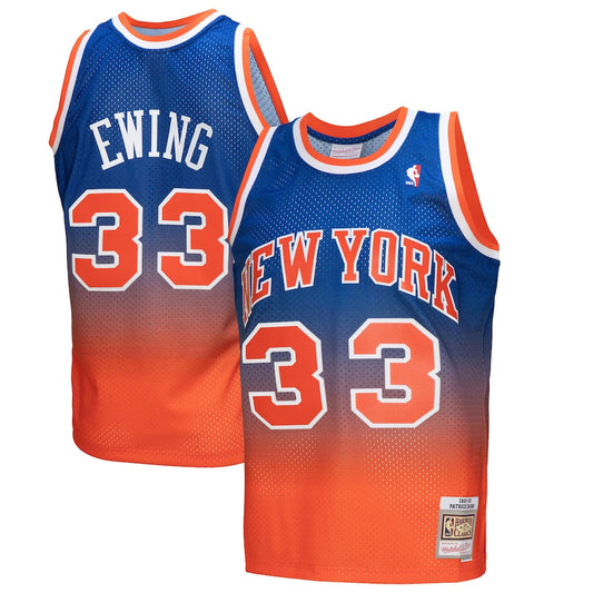 M&N Patrick Ewing Orangeroyal New York Knicks 1991 92 Hardwood Classics Fadeaway Swingman Player Jersey | 1991-92