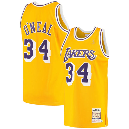 M&N Shaquille Oneal Gold Los Angeles Lakers 1996 97 Hardwood Classics Jersey retro stitched fan jersey RTJ12707 image 1