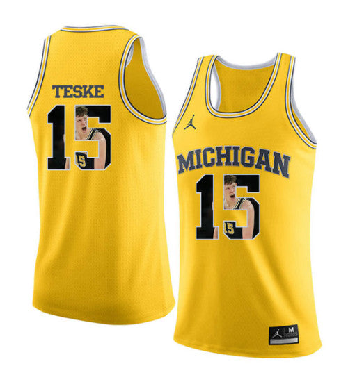 Michigan Wolverines 15 Jon Teske College Basketball Jersey Yellow retro stitched fan jersey RTJ3687 image 1