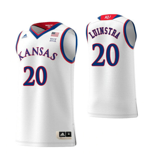 Kansas Jayhawks 20 Garrett Luinstra College Basketball Jersey White retro stitched fan jersey RTJ10638 image 1
