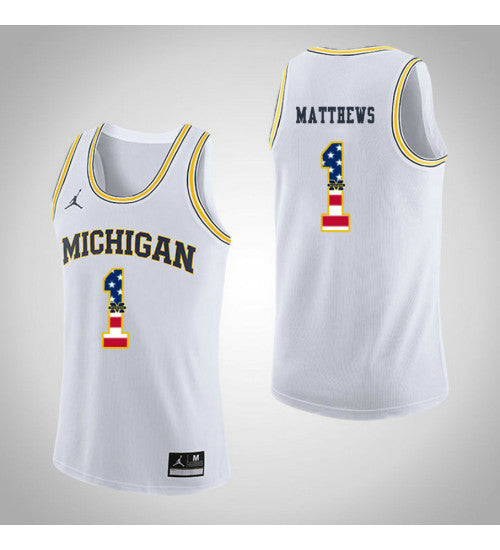 Michigan Wolverines 1 Charles Matthews Jordan USA Flag College Basketball Jersey White retro stitched fan jersey