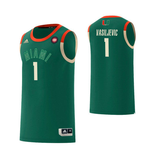 Miami Hurricanes 1 Dejan Vasiljevic Harlem Renaissance College Basketball Jersey Green retro stitched fan jersey