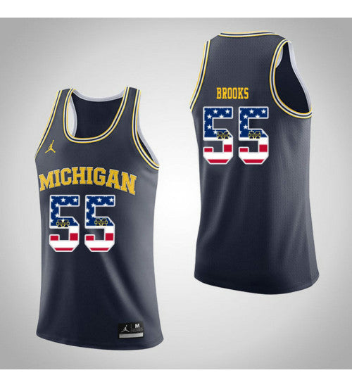 Michigan Wolverines 55 Eli Brooks Jordan USA Flag College Basketball Jersey Navy retro stitched fan jersey RTJ9366