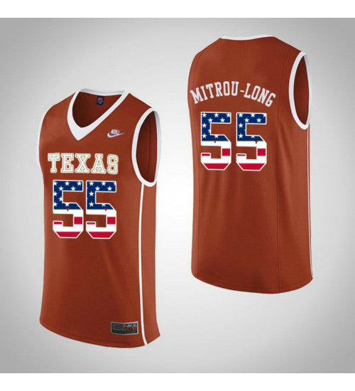 Texas Longhorns 55 Elijah Mitrou Long USA Flag College Basketball Jersey Orange retro stitched fan jersey RTJ1955