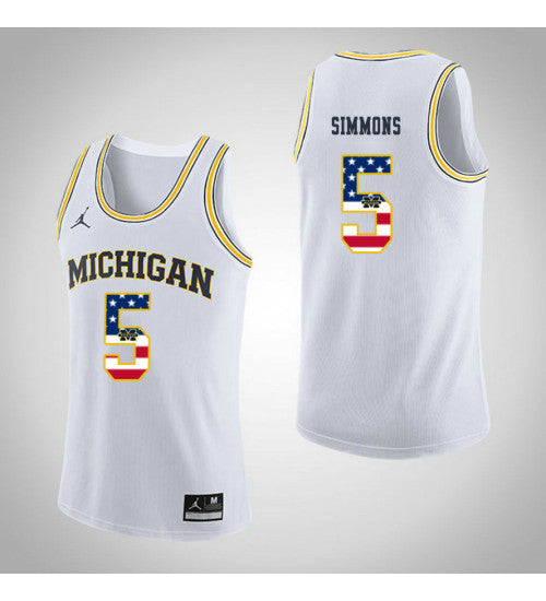 Michigan Wolverines 5 Jaaron Simmons Jordan USA Flag College Basketball Jersey White retro stitched fan jersey RTJ9388