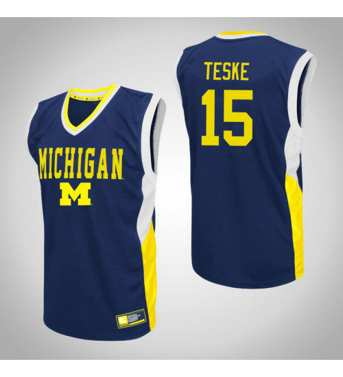 Michigan Wolverines 15 Jon Teske Fadeaway College Basketball Jersey Blue retro stitched fan jersey RTJ9500 image 1