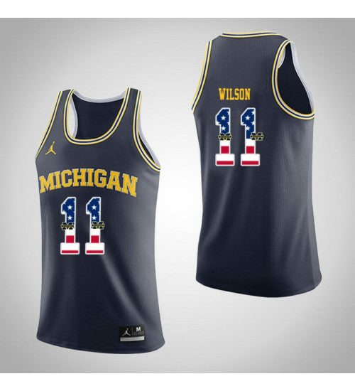 Michigan Wolverines 11 Luke Wilson Jordan USA Flag College Basketball Jersey Navy retro stitched fan jersey RTJ9537