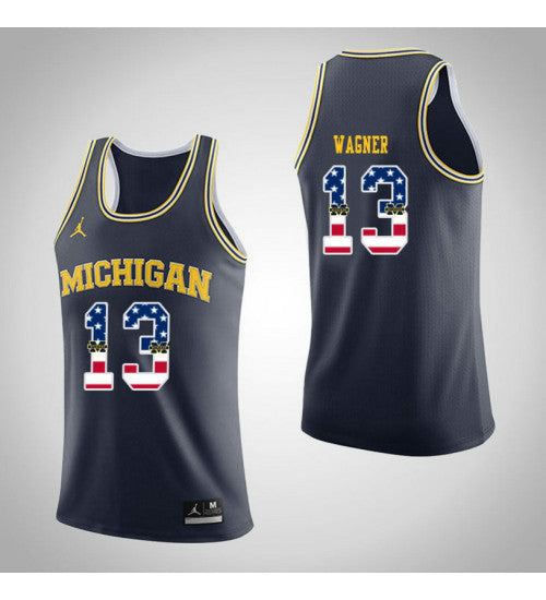 Michigan Wolverines 13 Moritz Wagner Jordan USA Flag College Basketball Jersey Navy retro stitched fan jersey RTJ3702