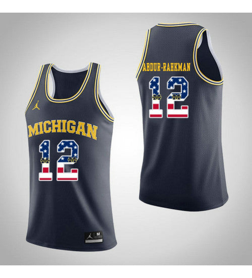 Michigan Wolverines 12 Muhammad Ali Abdur Rahkman Jordan USA Flag College Basketball Jersey Navy retro stitched fan