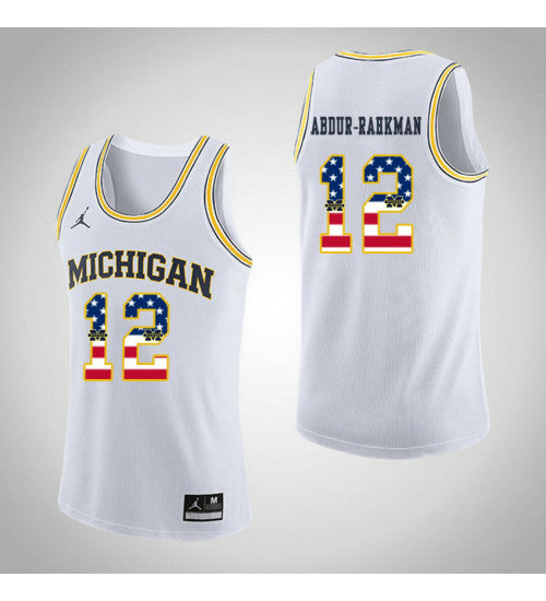 Michigan Wolverines 12 Muhammad Ali Abdur Rahkman Jordan USA Flag College Basketball Jersey White retro stitched fan