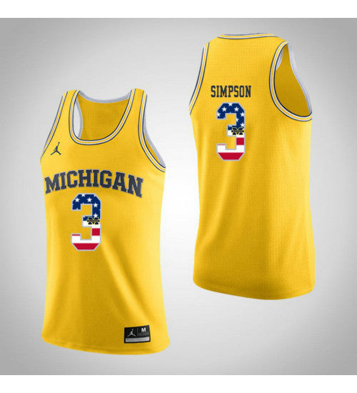 Michigan Wolverines 3 Zavier Simpson Jordan USA Flag College Basketball Jersey Yellow retro stitched fan jersey