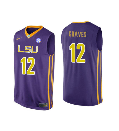 LSU Tigers 12 Marshall Graves College Basketball Jersey Purple retro stitched fan jersey RTJ10094 image 1
