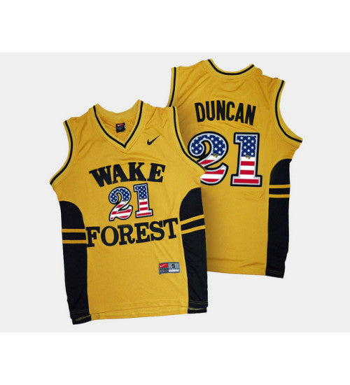 Wake Forest Demon Deacons 21 Tim Duncan Gold Alternate USA Flag College Basketball Jersey retro stitched fan jersey