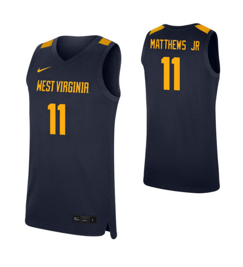 West Virginia Mountaineers 11 Emmitt Matthews Jr Navy College Basketball Jersey retro stitched fan jersey RTJ6984